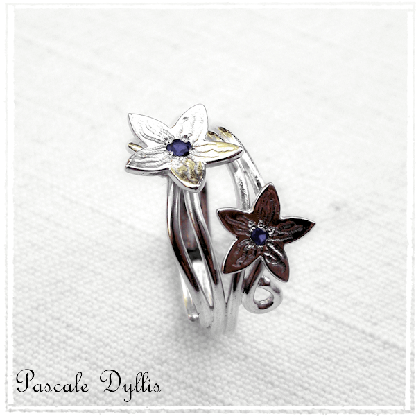 Bague elfique fleurs et saphirs Argent massif 925