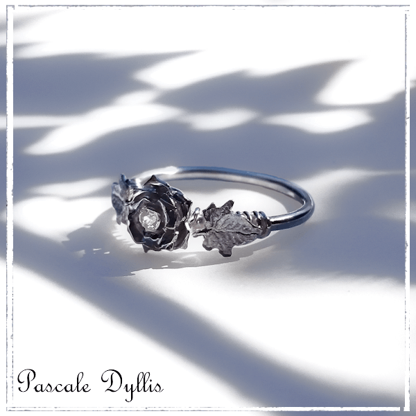 Bague Rose feuilles de lierre saphir argent massif - Bague de fiançailles mariage pacs