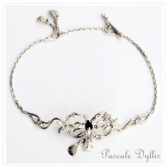 Bracelet Elfique fleurs Onyx Argent massif 925 rhodié - Bracelet SYLIA