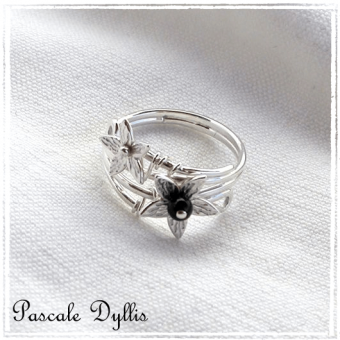 Bague elfique 2 fleurs onyx Argent massif 925 - Bague fleurs Elania Onyx