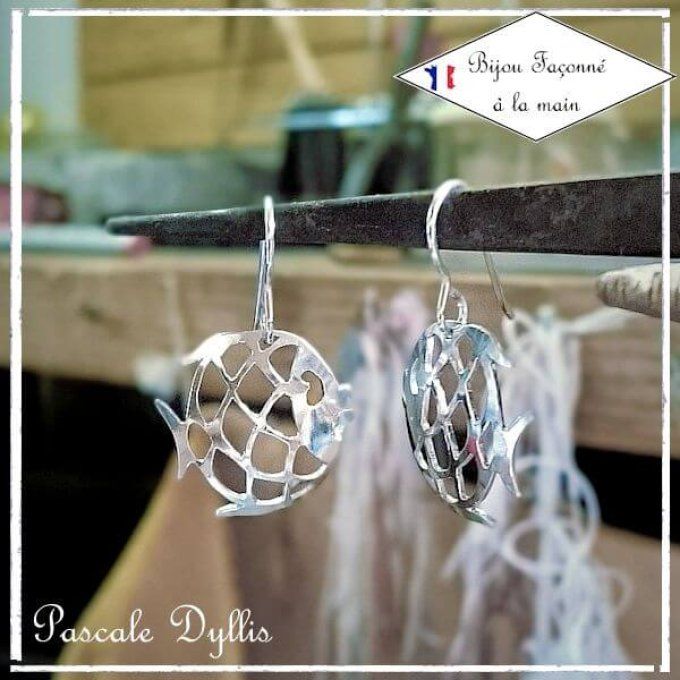 Boucle d'oreilles mi-longues poisson ajouré argent 925 massif rhodié - bo POISSON