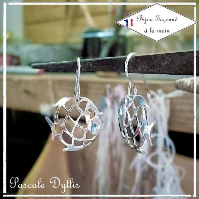 Boucle d'oreilles mi-longues poisson ajouré argent 925 massif rhodié - bo POISSON