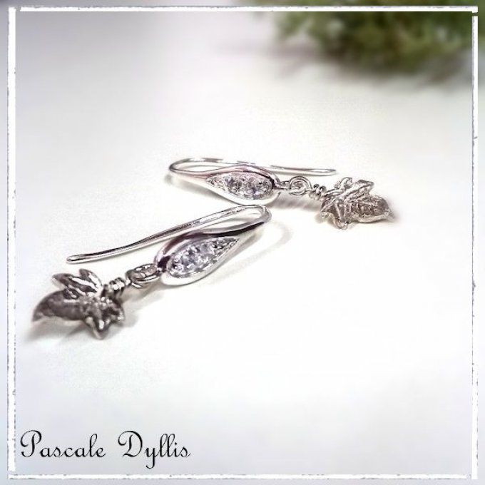 Boucles d'oreilles feuille lierre cz pendantes argent massif - Liefe 