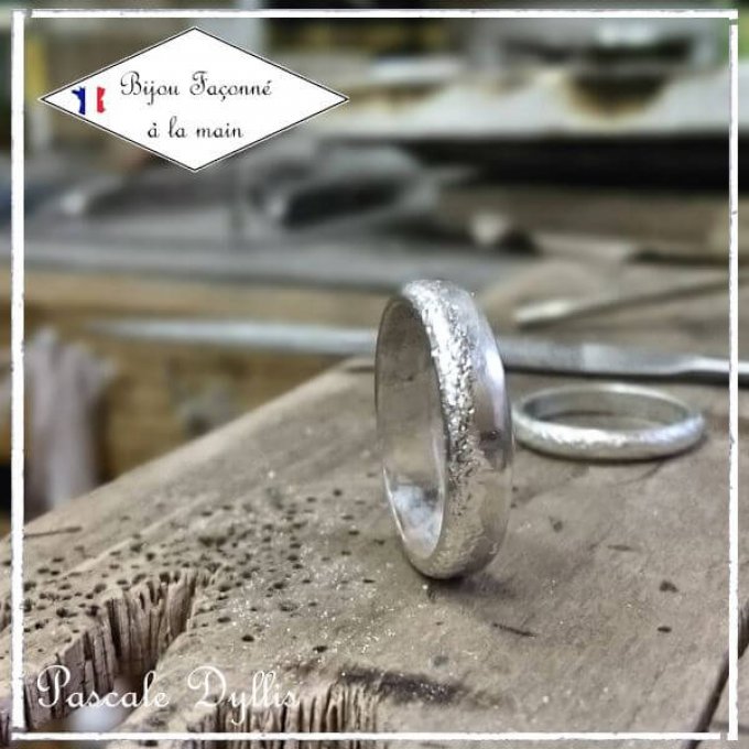 Duo alliances bombées texturées 2mm à 5mm Argent massif rhodié 925 - Islin