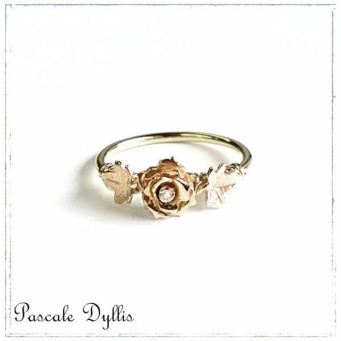 Bague fleur ROSE or massif rose, or jaune, or blanc, diamant - Bague Rose or 750 diamant
