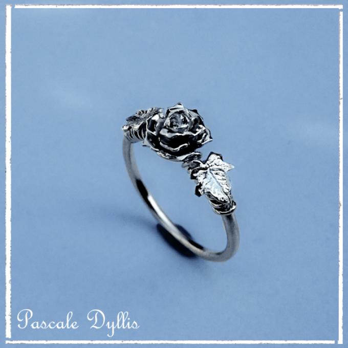 Bague Rose fleur feuilles de lierre saphir argent massif 925 rhodié- Bague Rose saphir