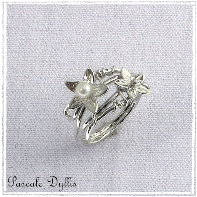 Bague perle de culture et fleurs argent massif 925 - Bague ELANIA perle 