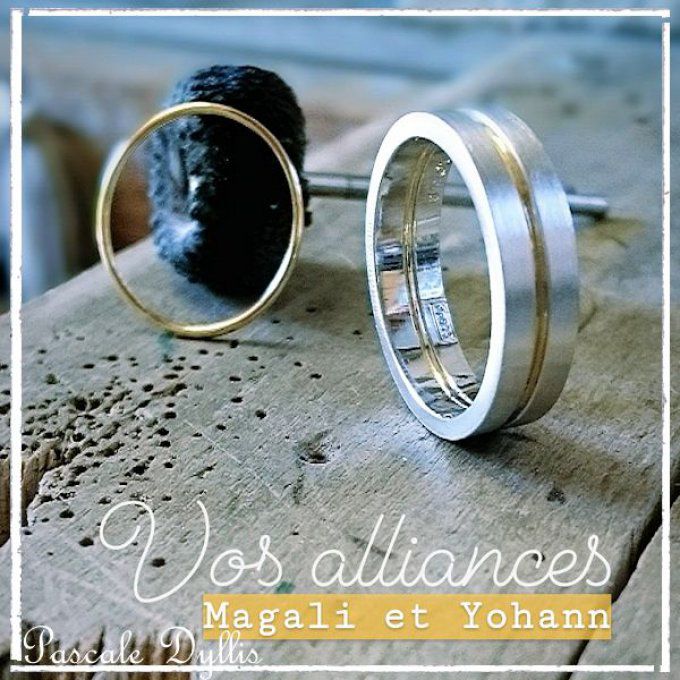 Duo alliance argent massif 925 rhodié et or massif 750 pour Magali et Yohann