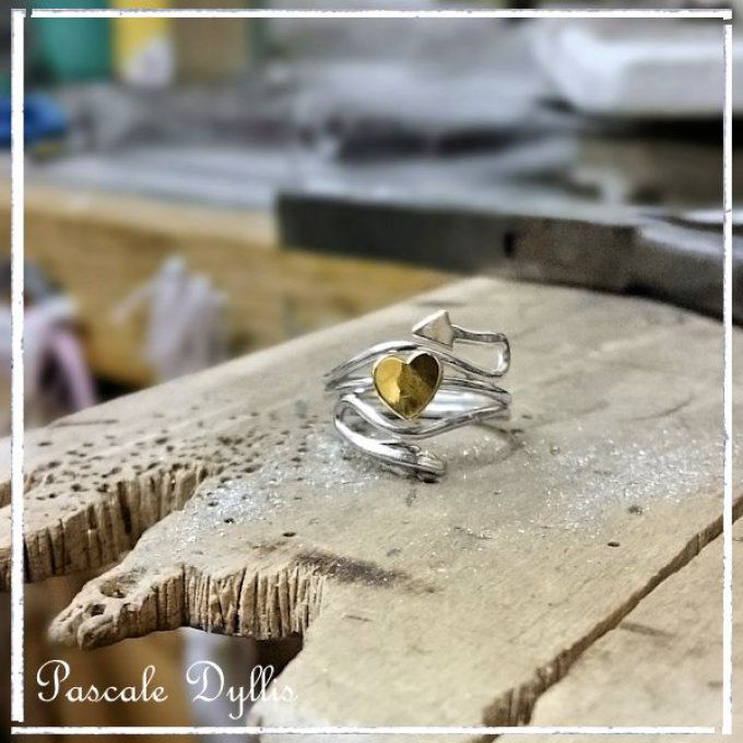 Bague flèche grand coeur or jaune 750 argent massif - Bague Cupidon ONCE