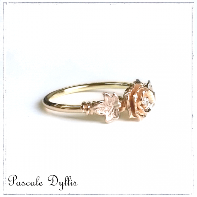 Bague fleur ROSE or massif rose, or jaune, or blanc, diamant - Bague Rose or 750 diamant