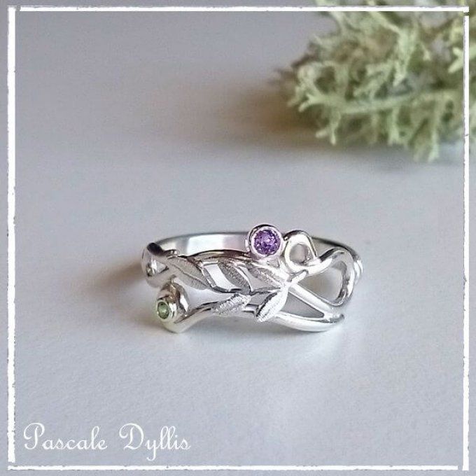 Bague OLIVIA Brin d'olivier Amethystes Argent massif 925 - Projets