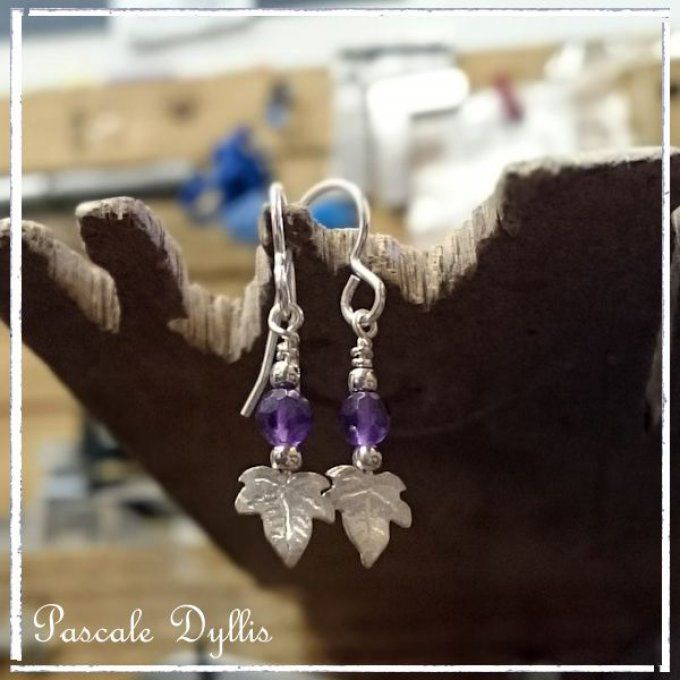 Boucles d'oreilles feuille lierre amethyste pendantes argent massif - Liefe perle