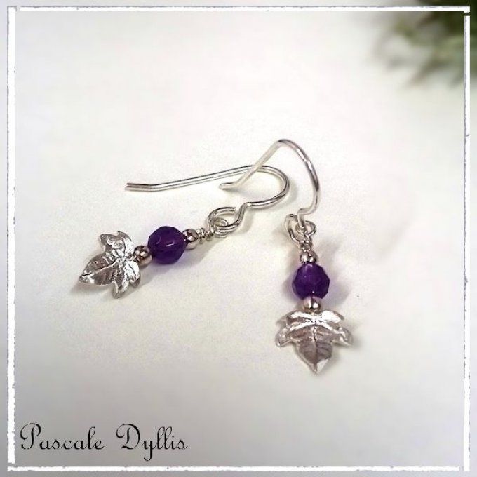 Boucles d'oreilles feuille lierre amethyste pendantes argent massif - Liefe perle