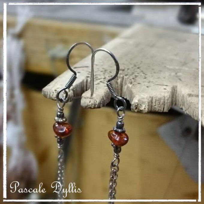 Boucles d'oreilles ambre argent massif vieilli - Ambre