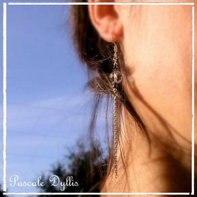 Boucles d'oreilles cristal hématite argent massif - Boucles Cristal