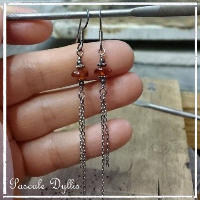 Boucles d'oreilles ambre argent massif vieilli - Ambre