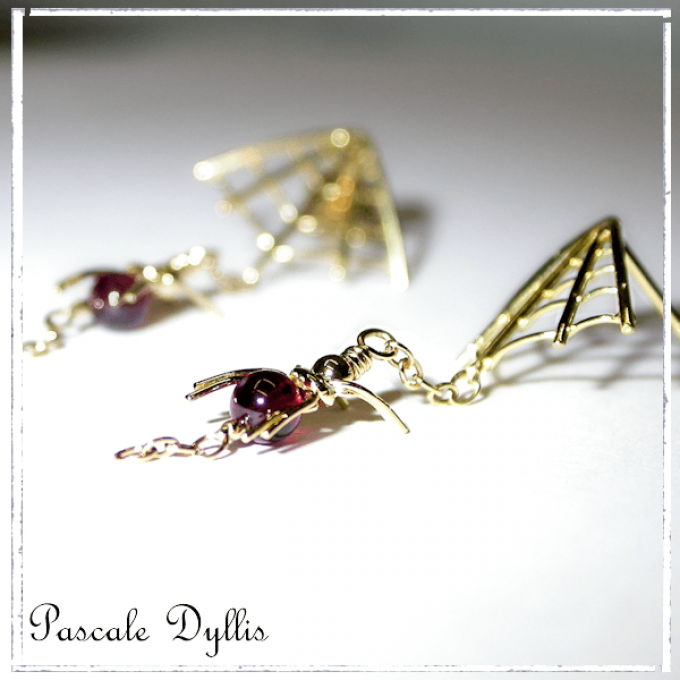 Boucles oreilles toile araignée or 750 grenat - SpidOr