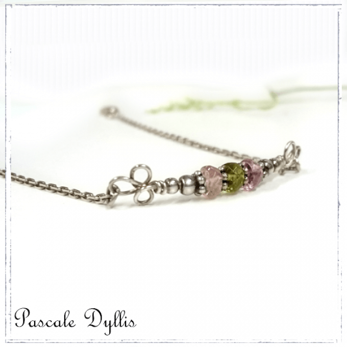 Bracelet fin tourmaline verte rose perles argent massif 925 