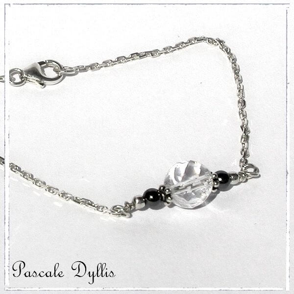 Bracelet Hématite Cristal de roche perles argent massif 925 - Bracelet Cristal