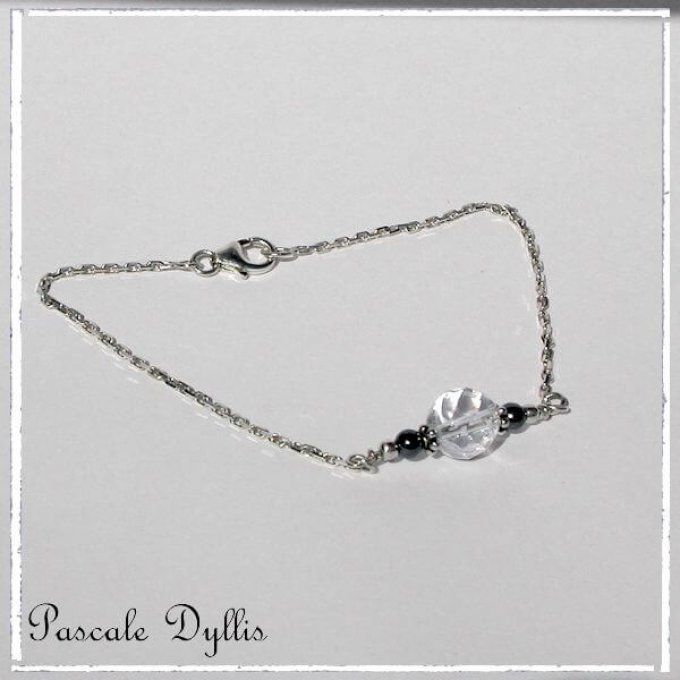 Bracelet Hématite Cristal de roche perles argent massif 925