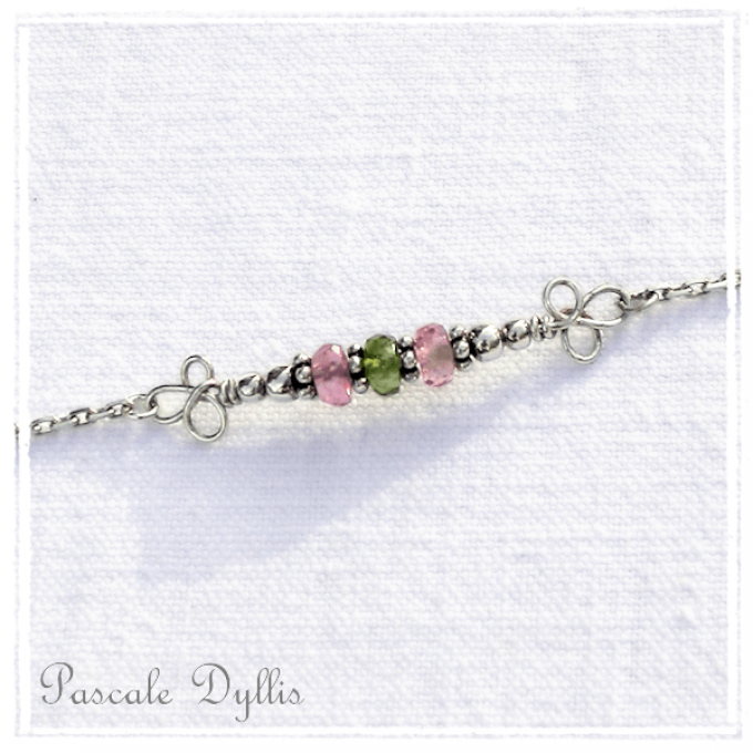 Bracelet fin tourmaline verte rose perles argent massif 925 - Romance