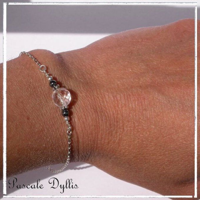 Bracelet Hématite Cristal de roche perles argent massif 925 - Bracelet Cristal