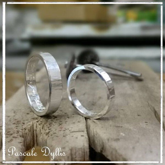 Alliances martelées artisanales plates duo de 1mm à 6mm argent 925 rhodié -Ankea